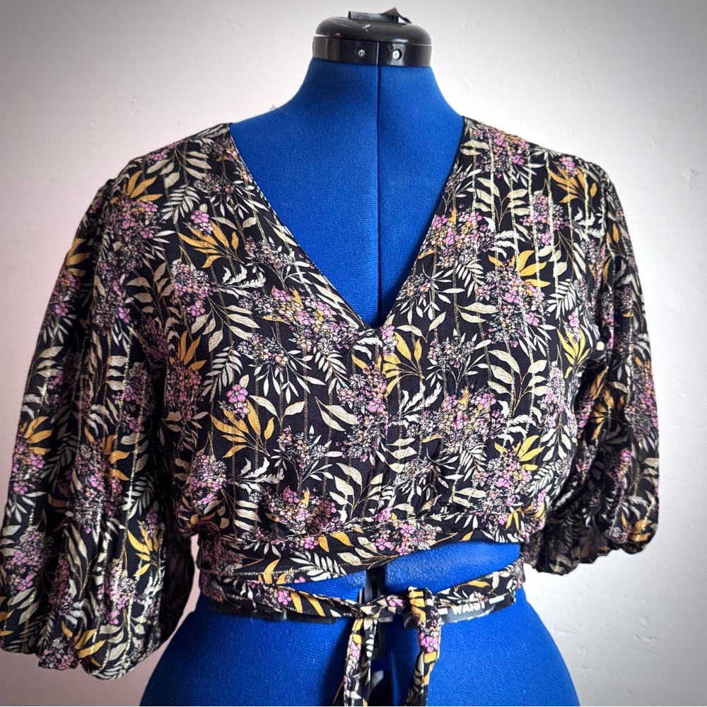 Zara Metallic Dark Floral Balloon Sleeve V Neck Crop top with Waist Ties